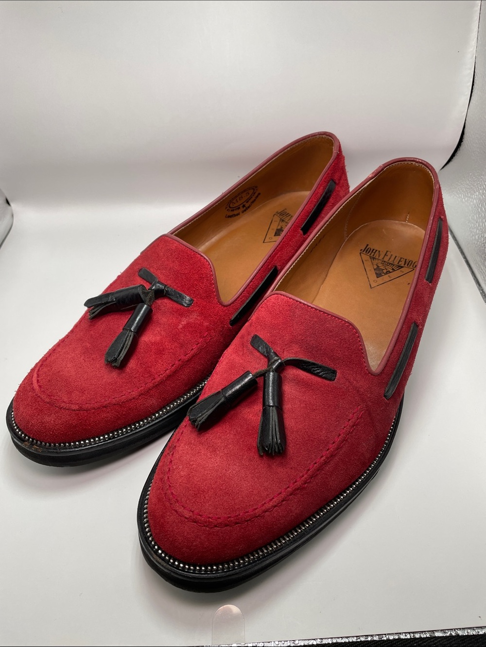 John Fluevog - Suede Leather Slip On Tasseled Loafers  - Red 8.5